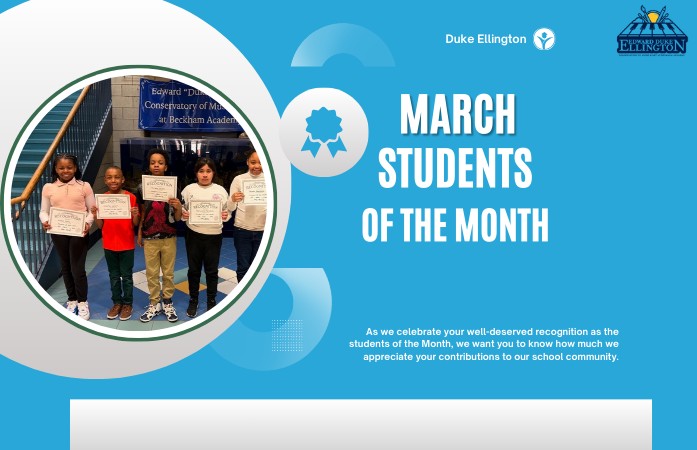  4 students standing with certificates in their hands for student of the month.